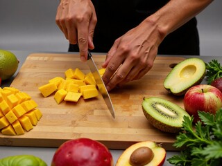 Chef's hands cutting fresh fruits on a wooden cutting board in the kitchen with a professional kitchen knife.