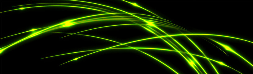 Glowing green neon wavy lines on a dark background. Vector dynamic abstract energy flow with futuristic style