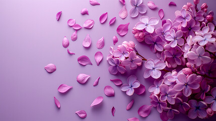 Obraz premium Vibrant lilac blossoms and petals scattered on purple background, spring holidays. Generative AI