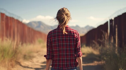 Young Caucasian woman in red plaid shirt walking along a border fence with mountains in background and empty sky creating copyspace for text