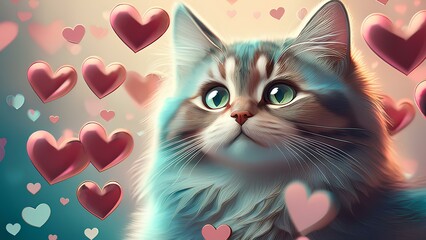 A close-up of a cat's face surrounded by heart-shaped decorations, shot in soft focus. Pastel colors and soft lighting create a gentle and dreamy atmosphere.