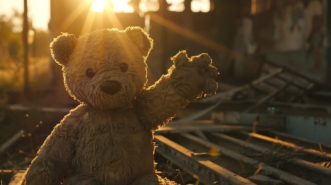 At dawn an amiable teddy bear waves goodbye