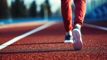 Young man wearing red track pants and athletic shoes preparing to run on outdoor red jogging track with clear blue sky in background