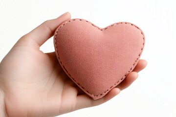 Fototapeta premium A pink heart-shaped fabric ornament carefully held in a human hand. The stitching around the edges highlights its handcrafted design, creating a cozy and sentimental atmosphere.