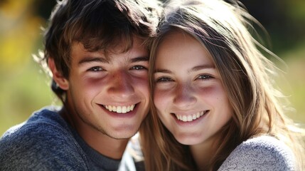 Obraz premium Happy young couple smiling closely outdoors on a sunny day with natural green background and ample copyspace for text use.