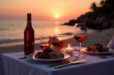 Naklejka premium a romantic dinner on the beach with sunset views, outdoor setting by the ocean, evening light creating a beautiful ambiance, close-up shot of the dinner setup, romantic elements enhancing the scene