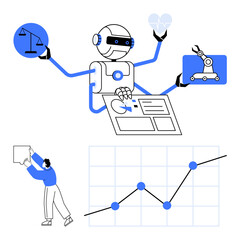 Robot multitasks with scales, heart, robotic arm, and data sheet person adjusts chart. Ideal for AI ethics, analytics, automation, decision-making, technology balance productivity abstract line