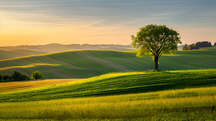 Golden Sunset Over Serene Rural Landscape with Lone Tree Casting Shadows in Tranquil Fields