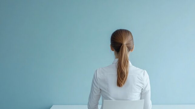 Young businesswoman with long brown hair in white shirt seated at desk facing blue wall in modern office, ideal for corporate and professional concepts.