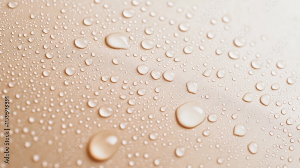 Poster Numerous water droplets rest on a beige surface, creating a captivating close up view of texture and light interplay, showcasing a pattern of varying droplet sizes and shapes reflecting light