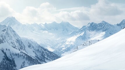 Obraz premium Young couple skiing in the snowy mountains of Salzburg Austria with vast white landscape and distant peaks under a cloudy sky for text placement