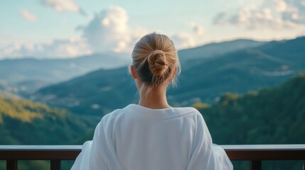 Fototapeta premium Relaxing young woman in a white robe standing on a balcony overlooking lush green mountains under a blue sky with fluffy white clouds and soft sunlight