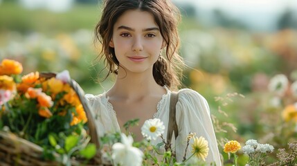 Naklejka premium Portrait of a woman holding a basket of freshly picked flowers in a blooming garden 