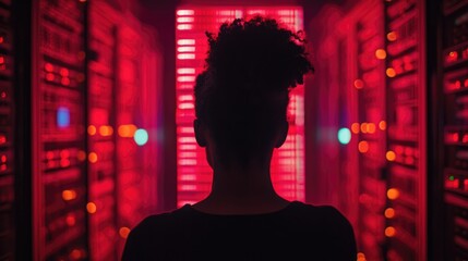 African American woman in black shirt managing supercomputer in red-lit server room contemplating technology with copy space for text