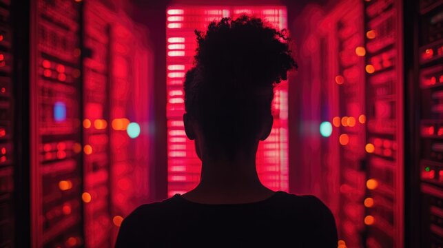 African American woman in black shirt managing supercomputer in red-lit server room contemplating technology with copy space for text
