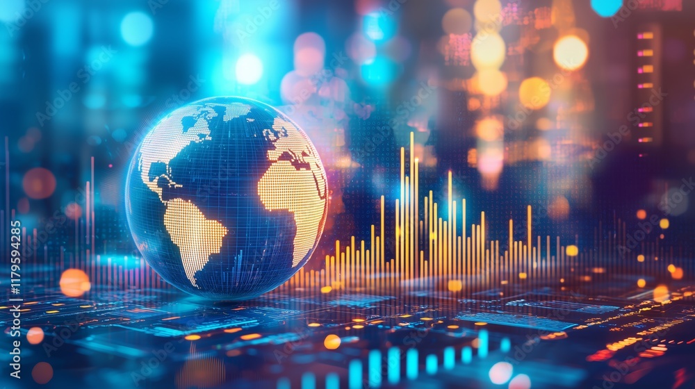 Poster digital earth globe surrounded by data visualizations and lights