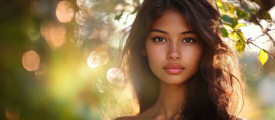Fototapeta premium Multicultural young woman with long wavy hair posing outdoors in soft golden sunlight surrounded by greenery with ample space for text