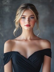 Naklejka premium Elegant blonde woman in off-shoulder black cocktail dress posing gracefully against soft gray backdrop highlighting beauty and sophistication