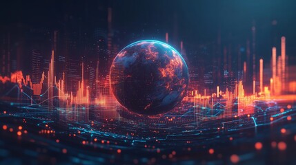 Obraz premium Futuristic Digital Landscape with Earth and Data Visualization Effects