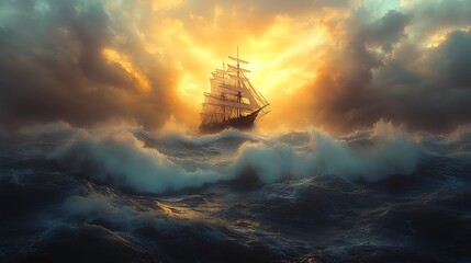 Majestic Tall Ship Sailing Through Dramatic Stormy Seas