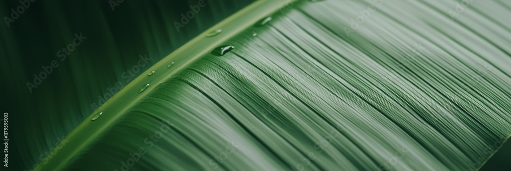 Poster close up view showcasing glistening water drops delicately tracing paths along the parallel veins of
