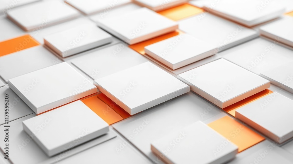 Poster abstract business process management technology concept with 3d white and orange square tiles on gra