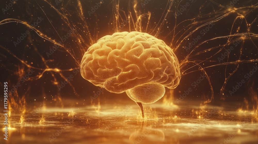 Poster golden glowing human brain on dark background with rays of light depicting neural connections repres