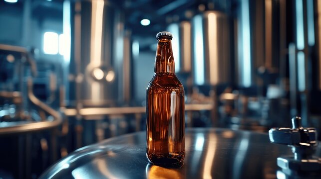 Craft Brewer Filling Amber Beer Bottle in Modern Brewery Tank with Background of Stainless Steel Equipment and Empty Copyspace for Text