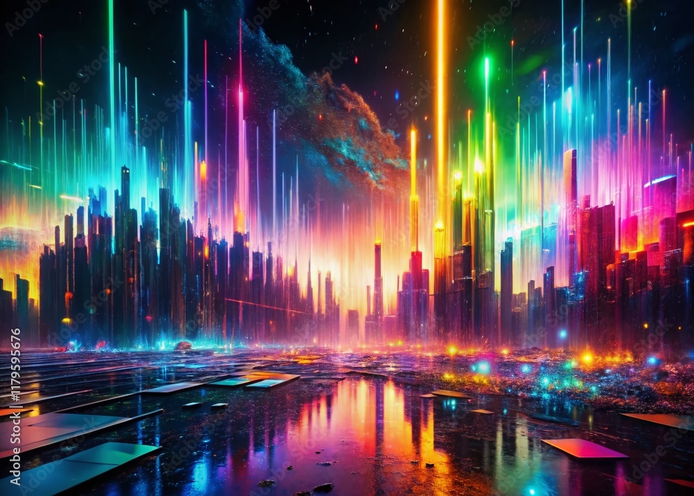 Poster futuristic equalizer art: abstract pixelated cyberpunk chaos with colorful noise