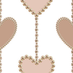 Seamless pattern of pastel hearts and pearls. Pink-brown background in a mocha-mousse palette. Watercolor clipart for wedding, template for wedding, Valentine's Day, textile, wrapping, wallpaper