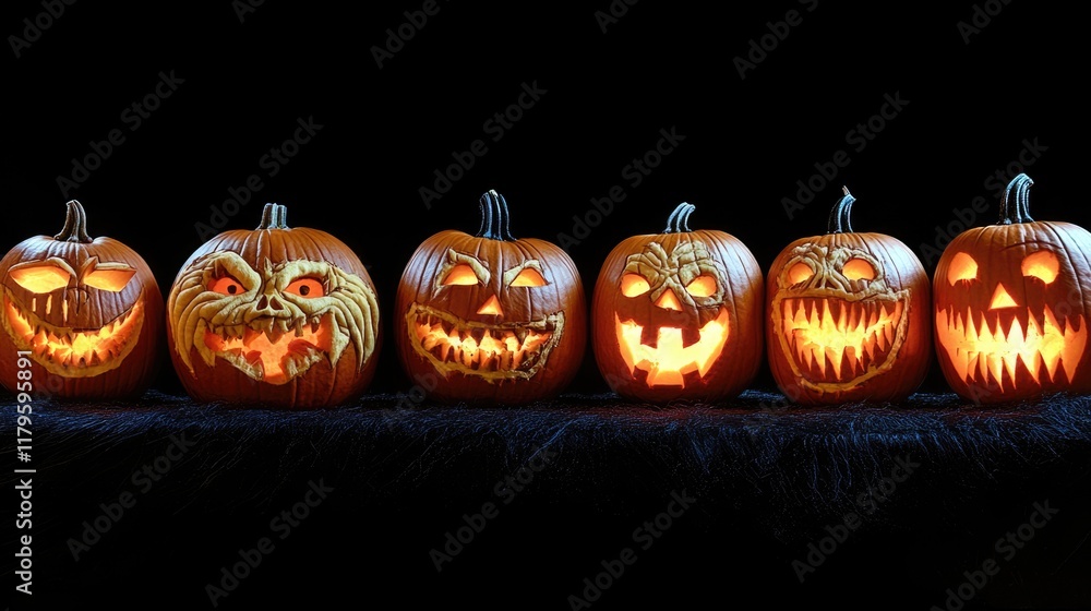 Poster spooky carved halloween pumpkins in a row with glowing faces on a black background featuring large e