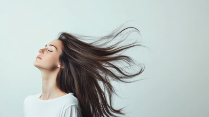 Carefree woman with flowing long brown hair against light gray background showcasing dynamic movement and ample empty space for text