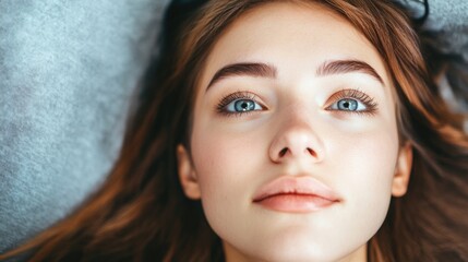 Naklejka premium Close-up of a young woman with long brown hair and blue eyes relaxing on a couch during a facial treatment in a modern cosmetic office space.