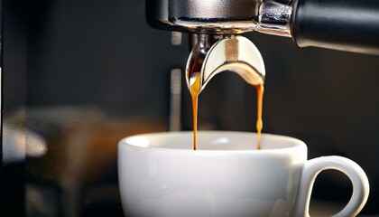 close up shot of espresso dripping from an espresso machine into a white coffee mug