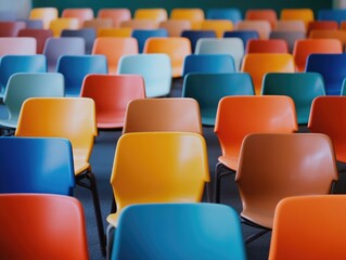 Fototapeta premium Vibrant Classroom Environment with Colorful Chairs in Rows and Ample Copyspace for Text in Educational Setting