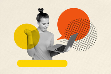 Exclusive art banner collage of excited girl hold laptop chat notification message correspondence...