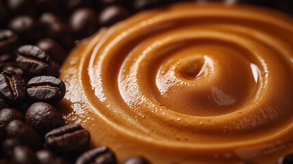 Rich Caramel Sauce Surrounded by Fresh Coffee Beans in Close-Up