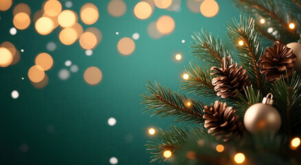 Festive pine branches adorned with ornaments and warm lights create cozy holiday atmosphere. Perfect for celebrating joy of Christmas and winter festivities