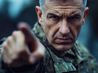 Fototapeta premium Serious middle-aged male veteran soldier in military uniform pointing finger forward with determined expression against blurred background with copyspace for text