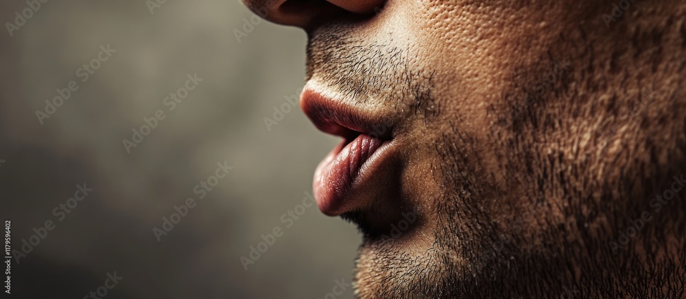 Poster close-up of a thoughtful middle-aged man with a stubbled jawline licking his lips against a textured
