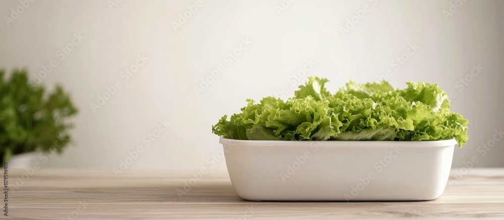 Poster vibrant close-up of fresh green lettuce in a sleek white container on a rustic wooden counter, featu