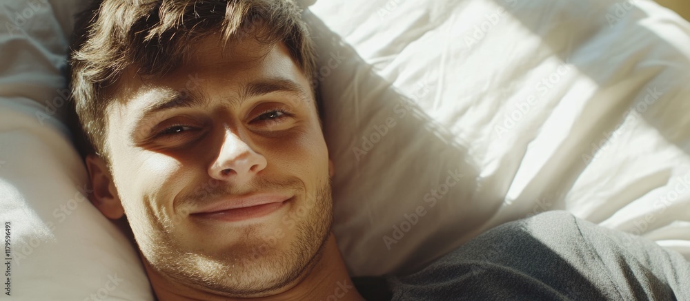 Poster smiling young man relaxing on soft white sheets at home with warm sunlight, looking content and happ