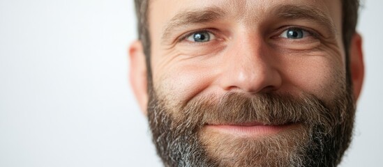 Obraz premium Smiling Middle-Aged Man with Full Beard and Blue Eyes Against White Background Ideal for Text Overlay and Marketing Concepts