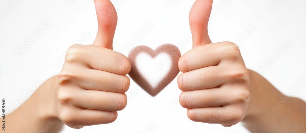 Poster close-up of adult woman hands showing thumbs up and heart symbol on light background with ample empt