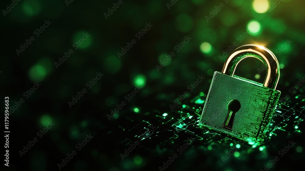 Poster intricate lock mechanism embedded in a circuit board with illuminating green lights displaying a mod