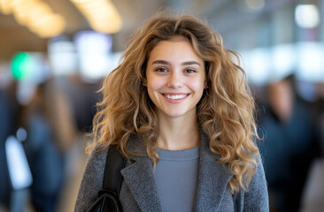 Fototapeta premium cheerful woman with curly hair is smiling in busy environment, showcasing confidence and positivity. Her stylish outfit complements vibrant atmosphere around her