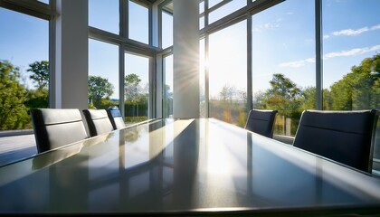 sleek modern table surface reflecting light in a bright room with large windows