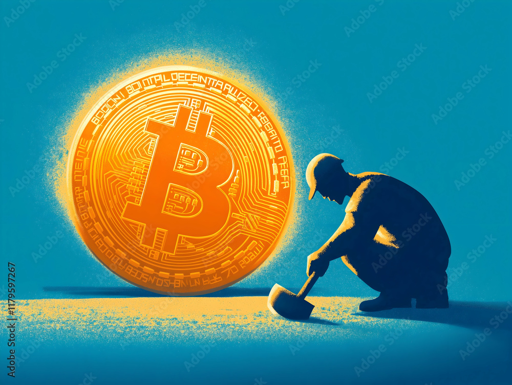 Poster a miner works diligently in front of a large bitcoin symbol, representing the process of cryptocurre