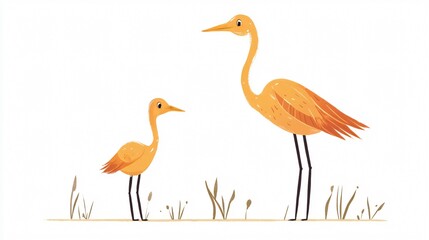 Obraz premium Charming illustration of a parent bird and its baby standing together in a serene natural setting. Perfect for children's books or nature-themed projects.