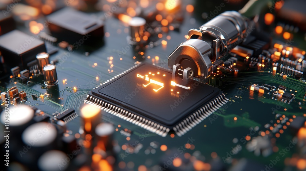 Poster intricate computer chip with a secure lock symbolizing data protection and technological advancement